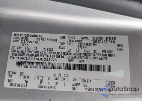 2013 Ford Escape Se из США, поврежденный, VIN 1FMCU0GX5DUD93976